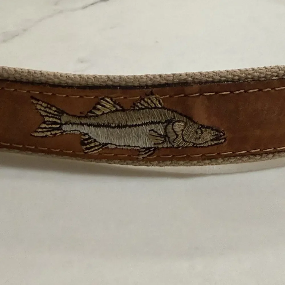 Vintage Zep-Pro Size 36 Fish Embroidered Canvas Leather Belt Brass Buckle Preppy